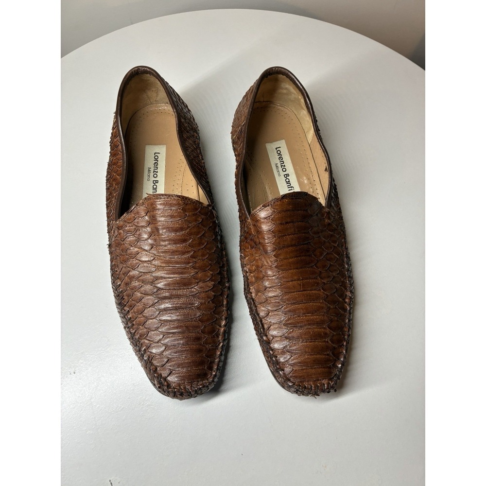 Lorenzo Banfi real snake Men's Brown Leather Loafers Shoes made in Italy 9 1/2
